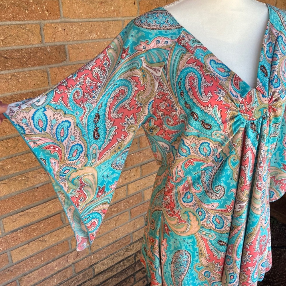 Koi Paisley Tunic Top Womens XL Blue Coral Excellent Kimono Sleeve Boho V-Neck